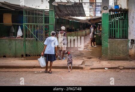 Havanna, Kuba, Juli 2019, Frauen, die einen Markt im Freien betreten Stockfoto