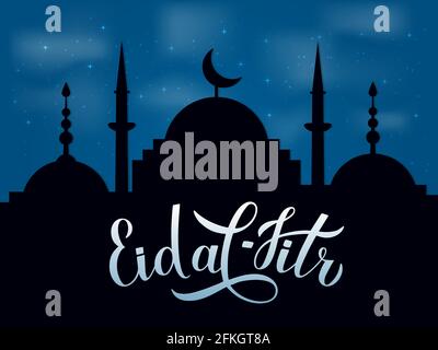 Eid al-Fitr Kalligraphie Schriftzug und Silhouette der Moschee gegen den Nachthimmel. Moslemisches Feiertag-Typografie-Poster. Islamisches Fest des Fastenbrechens. Stock Vektor