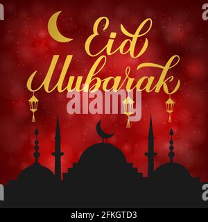 Eid Mubarak Kalligraphie Handschriftzug und Silhouette der Moschee auf rotem Hintergrund. Muslim heiligen Monat Konzept. Vektor-Vorlage für islamische Tradition Stock Vektor