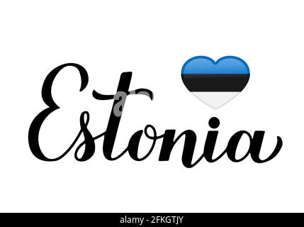 Estland Kalligraphie Hand Schriftzug isoliert auf weiß. Estnische Flagge in Herzform. Einfach zu bearbeiten Vektor-Vorlage für Typografie Poster Banner, Flye Stock Vektor