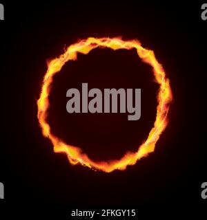 Feuerkreisrahmen isoliert auf dunklem Hintergrund. Feuerbrennender Ring. Magischer goldener Kreis mit Kopierraum. Rundes Neonbanner. Vektorvorlage lässt sich leicht bearbeiten Stock Vektor