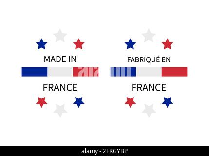 Made in France und Fabrique en France Etiketten in Englisch und Französisch. Vektorsymbol für Qualitätsmarken. Perfekt für Logo-Design, Tags, Abzeichen, stic Stock Vektor