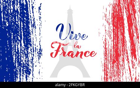 Vive la France Kalligraphie Handschriftzug mit grunge tricolor Flagge von Frankreich und Eiffelturm. Hintergrund. Es lebe Frankreich auf Französisch. Vektortemplatt Stock Vektor