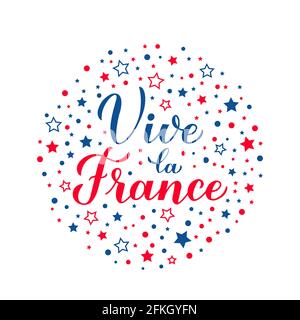 Vive la France Kalligraphie-Handschriftzug mit roten und blauen Punkten und Sternen. Es lebe Frankreich auf Französisch. Vektorvorlage für Typografie Poster, Banner, Stock Vektor