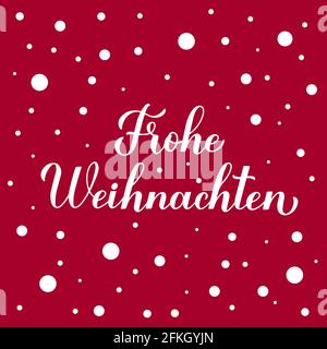 Frohe Weihnachten Kalligraphie Handschriftzug auf rotem Hintergrund mit Schneekonfetti. Fröhliche Weihnachten Typografie Poster in Deutsch. Vektorvorlage für gr Stock Vektor