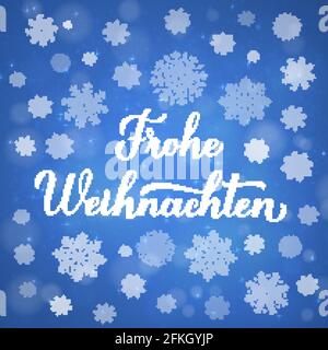 Frohe Weihnachten Kalligraphie Handschriftzug auf blauem Hintergrund mit Bokeh und Schneeflocken. Fröhliche Weihnachten Typografie Poster in Deutsch. Vektortemplatt Stock Vektor