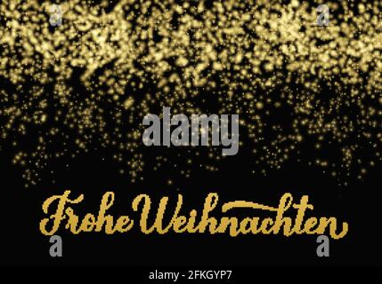 Frohe Weihnachten Kalligraphie Handschriftzug auf glänzendem Gold funkelt Hintergrund. Fröhliche Weihnachten Typografie Poster in Deutsch. Vektorvorlage für Greet Stock Vektor