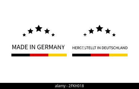 Made in Germany Etiketten in englischer und deutscher Sprache. Vektorsymbol für Qualitätsmarken. Perfekt für Logo-Design, Tags, Abzeichen, Aufkleber, Emblem, Produkt Stock Vektor