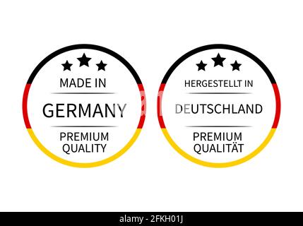 In Deutschland hergestellte runde Etiketten in englischer und deutscher Sprache. Vektorsymbol für Qualitätsmarken. Perfekt für Logo-Design, Tags, Abzeichen, Aufkleber, Emblem, p Stock Vektor