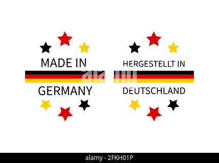 Made in Germany Etiketten in englischer und deutscher Sprache. Vektorsymbol für Qualitätsmarken. Perfekt für Logo-Design, Tags, Abzeichen, Aufkleber, Emblem, Produkt Stock Vektor