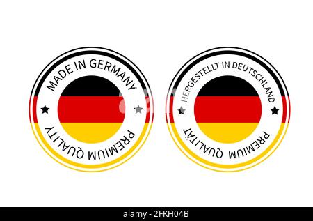 In Deutschland hergestellte runde Etiketten in englischer und deutscher Sprache. Vektorsymbol für Qualitätsmarken. Perfekt für Logo-Design, Tags, Abzeichen, Aufkleber, Emblem, p Stock Vektor