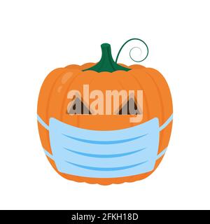 Halloween Kürbis tragen Schutzmaske Symbol auf weiß isoliert. Niedliche Cartoon Jack-o -Laterne. Coronavirus covid-19 Pandemie. Halloween 2020 Party de Stock Vektor