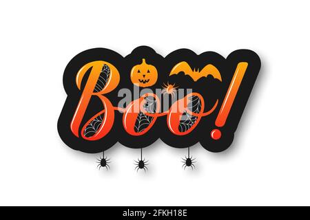 Boo Handschriftenaufkleber mit Kürbis, Fledermaus und Spinnen isoliert auf weiß. Einfach zu bearbeiten Vektor-Vorlage für Halloween Grußkarte, Banner, Typografie Stock Vektor