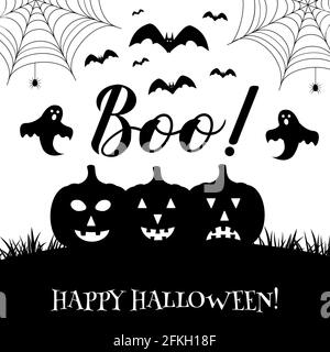 Boo-Handschriftzug mit niedlichen Cartoon-Geistern, Kürbissen, Fledermäusen und Spinnen isoliert auf Weiß. Vektor-Vorlage für Halloween Grußkarte, Banner, Typografie Stock Vektor