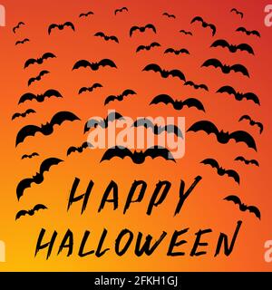 Happy Halloween Hand mit Pinsel geschrieben. Grunge-Stil Schriftzug. Fliegende Fledermäuse auf hellorangefarbenem Hintergrund. Leicht zu bearbeitende Vorlage für Halloween Banner o Stock Vektor