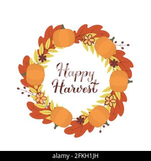 Happy Harvest Kalligraphie-Schriftzug mit Kranz aus bunten Herbstblättern, Blumen und Kürbissen. Vektorvorlage für Banner, Typografie-Poster, Flyer, Stock Vektor