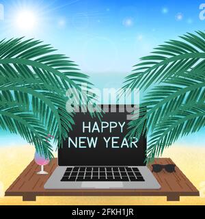 Frohes neues Jahr auf dem Laptop-Bildschirm. Silvesterparty am tropischen Strand Konzept. Meereskosten und Palmen. Blaues Neon-Schild auf dem Monitor des tragbaren Computers. Ho Stock Vektor