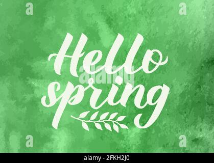 Hallo Frühling Kalligraphie Schriftzug auf grünem Aquarell Hintergrund mit handgezeichneten floralen Element. Inspirierendes Poster mit saisonaler Zitat-Typografie. Einfach Stock Vektor