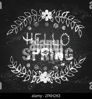Hello Frühling handgezeichnete Schriftzüge mit floralen Doodle-Elementen auf Kreidetafel-Hintergrund. Inspirierendes Poster mit saisonaler Zitat-Typografie. Einfach zu bearbeiten V Stock Vektor