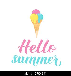 Hallo Sommer Kalligraphie Schriftzug mit bunten Eis. Inspirierendes Poster mit saisonaler Zitat-Typografie. Handgeschriebenes Logo-Design. Einfache Bearbeitung von vec Stock Vektor