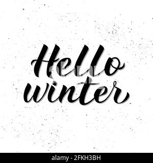 Hallo Winter Kalligraphie Schriftzug auf weißem texturierten Hintergrund. Zitat handgeschrieben mit Pinsel. Typografie-Poster. Vektorgrafik. Einfach zu bearbeitende t Stock Vektor