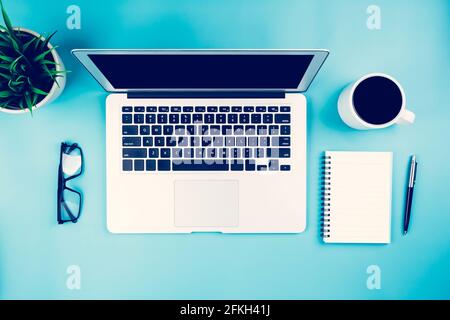 Flache Verlegung von Laptop-Computer und Pflanze und Tasse Kaffee auf dem Schreibtisch im Büro, Arbeitsplatz und Notebook und Brille und Topfbaum und Buch, Arbeitsplatz und Stockfoto