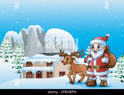 Vektor-Illustration von Santa claus trägt Sack mit Hirsch in Das schneite Dorf Stock Vektor