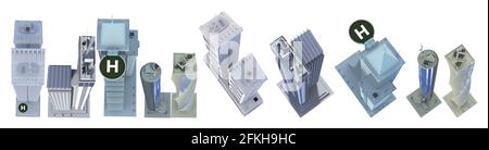 10 High-View detaillierte Darstellungen von High-Tech-Wolkenkratzern im fiktionalen Design mit wolkigen Himmelsreflexionen - isolierte 3D-Darstellung von Wolkenkratzern Stockfoto