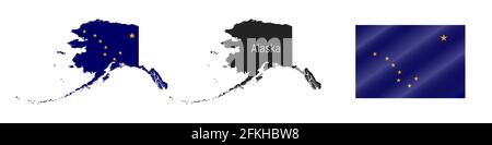 Alaska US State map with masked flag. Detailreiche Silhouette. Winkende Flagge. Abbildung isoliert auf weiß. Stockfoto