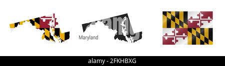 US-Staatskarte von Maryland mit maskierter Flagge. Detailreiche Silhouette. Winkende Flagge. Abbildung isoliert auf weiß. Stockfoto