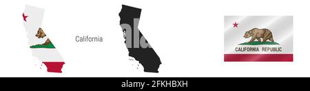 Kalifornien US-Staatskarte mit maskierter Flagge. Detailreiche Silhouette. Winkende Flagge. Abbildung isoliert auf weiß. Stockfoto