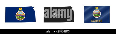 US-Staatskarte von Kansas mit maskierter Flagge. Detailreiche Silhouette. Winkende Flagge. Abbildung isoliert auf weiß. Stockfoto