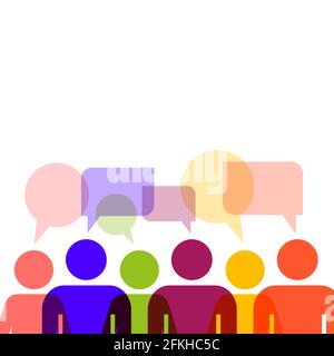 Sprechblase People Group. Farbige Personensymbole mit bunten Sprechblasen im Dialog. Kommunikation. Mann und Frau einfache Symbole. Flacher Stil illustrati Stockfoto