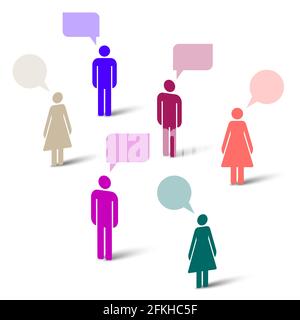 Sprechblase People Group. Farbige Personensymbole mit bunten Sprechblasen im Dialog. Kommunikation. Mann und Frau einfache Symbole. Flacher Stil illustrati Stockfoto