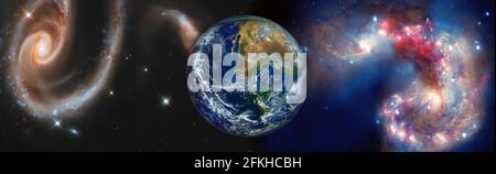 Schöne Erde. Panoramablick auf Erde, Sonne, Stern und Galaxie. Sonnenaufgang über dem Planeten Erde, Blick aus dem All . Elemente dieses Bildes werden von zur Verfügung gestellt Stockfoto