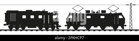 Diesellokomotive und elektrische Lokomotive. Flache Darstellung isoliert auf weißem Hintergrund. Stockfoto