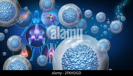 Stammzelltherapie und Behandlung von schmerzhaften Gelenken als mehrzellige Organismen zur zellulären Behandlung von Verletzungen oder Arthritis-Erkrankungen aufgrund von Alterung. Stockfoto