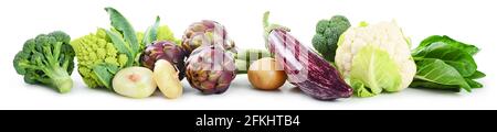 Brokkoli, Artischocken, Kartoffeln, Zwiebeln, Mangold, Aubergine und Blumenkohl. Sortiment von rohem Gemüse isoliert auf weißem Hintergrund, Nahaufnahme. Stockfoto