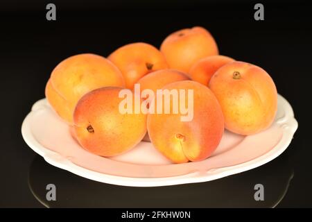 Mehrere reife süße Bio-Aprikosen auf einer weißen Keramikuntertasse, Nahaufnahme, auf schwarzem Hintergrund. Stockfoto