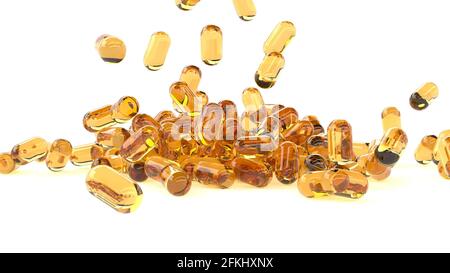 Vitamin-Öl-Kapseln Pillen fallen auf weißes Serum durch die 3D-Rendering der Haut Stockfoto