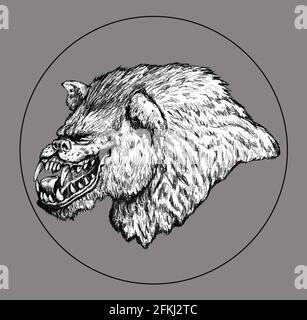 Werwolf heult auf der Mondzeichnung. Fantasy Monster Illustration. Halloween-Vorlage. Stockfoto