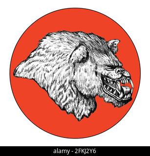 Werwolf heult auf der Mondzeichnung. Fantasy Monster Illustration. Halloween-Vorlage. Stockfoto