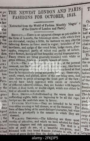 Artikel über Londoner und Pariser Mode auf der Seite der Zeitung News of the World (Nachbildung der ersten Veröffentlichung) am Sonntag, 1. Oktober 1843. Stockfoto