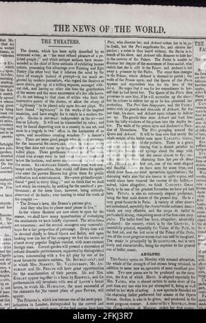 Theaterabteilung für das Londoner West End in der Zeitung News of the World (Nachbildung der ersten Veröffentlichung) am Sonntag, 1. Oktober 1843. Stockfoto