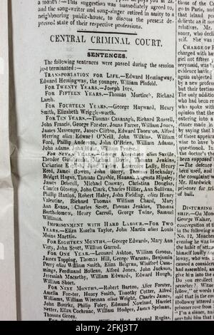 Urteile des zentralen Strafgerichtshofs, die in der Zeitung News of the World (Nachbildung der ersten Veröffentlichung) am Sonntag, 1. Oktober 1843 aufgeführt sind. Stockfoto