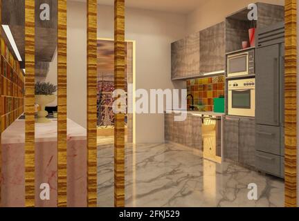 3D-gerenderte Küche im zeitgenössischen Stil mit Aufbewahrungseinheit und weißer, abgehängter Decke mit Naturlicht. Stockfoto