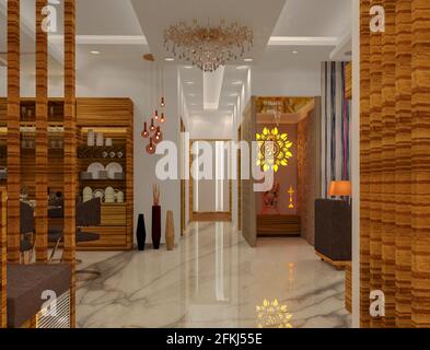 3D-gerendertes Wohnzimmer im zeitgenössischen Stil mit Tempel und weißer, abgehängter Decke mit Naturlicht. Stockfoto