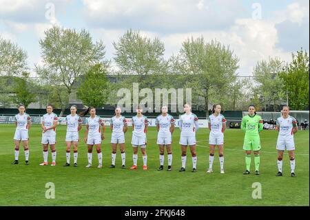 Das Line-up-Team OHL ( Marie Detruyer (17), Sara Yuceil (13), Estee Cattoor (11), Luna Vanzeir (10), Jill Janssens (7), Zenia Mertens (6), Auke Swevers (4), Amber Tysiak (3), Sari Kees (2), Torhüterin Louise Van Den Bergh (1), Lenie Onzia (8) ) Im Bild vor einem weiblichen Fußballspiel zwischen AA Gent Ladies und Oud Heverlee Leuven am vierten Spieltag des Play-off 1 in der Saison 2020 - 2021 der belgischen Scooore Womens Super League, samstag, 1. Mai 2021 in Oostakker, Belgien . FOTO SPORTPIX.BE * nicht zur Verwendung und zum Verkauf in Belgien * Stockfoto