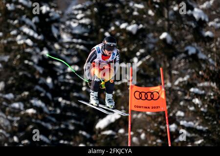 Cortina d'Ampezzo, Italien 13. Februar 2021: THOMPSON Broderick(CAN) tritt während der FIS ALPINE WORLD SKI CHAMPIONSHIPS 2021 Men's Downhill Traini an Stockfoto