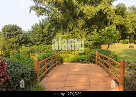 Eine hölzerne Brücke mit Geländern über einem Bach in einem park mit üppiger grüner Umgebung Stockfoto